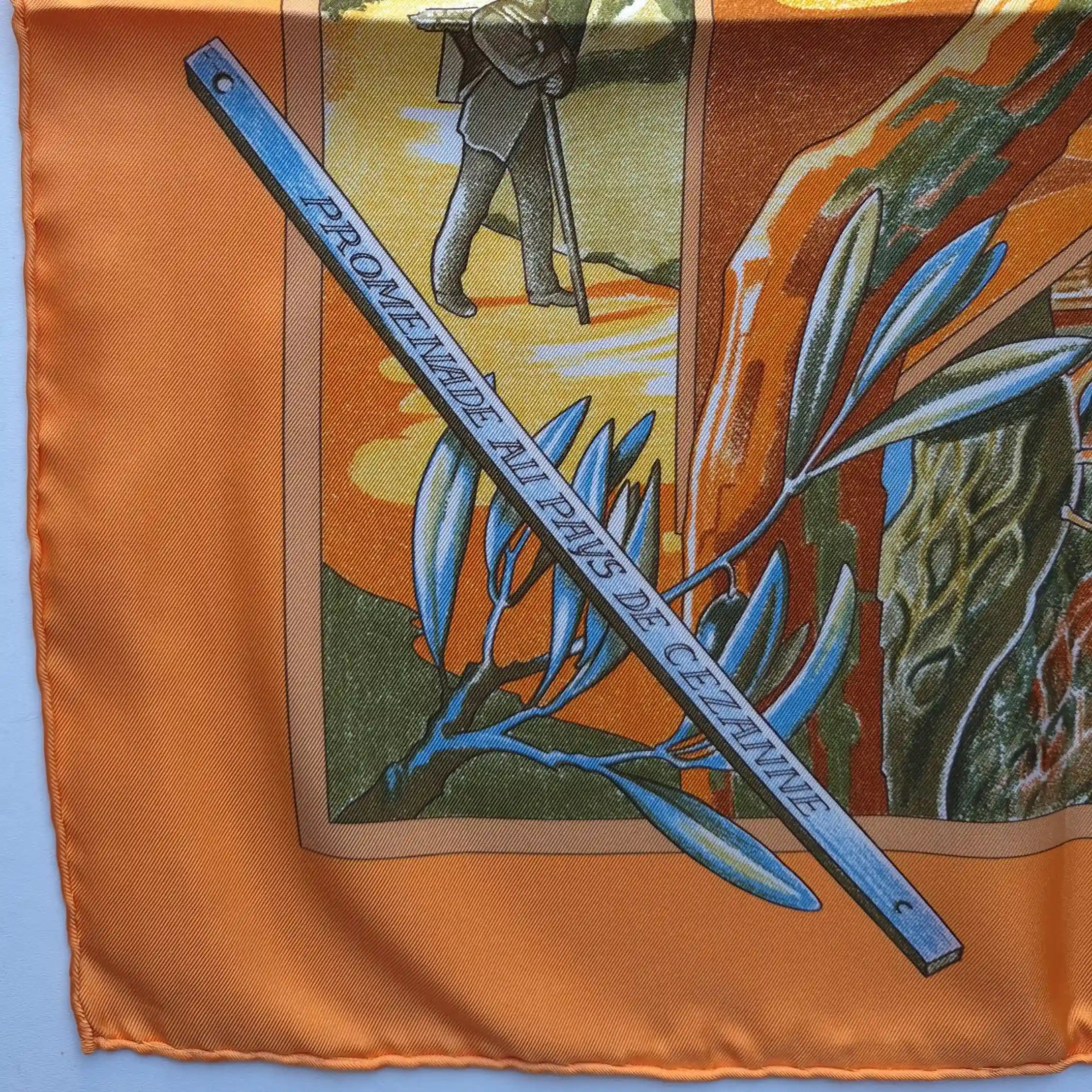 hermes promenade pays cezanne laurence bourthoumieux orange silk scarf 2006 limited edition detail
