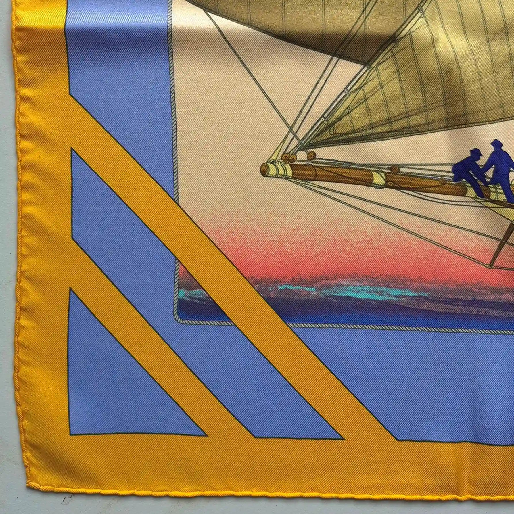 hermes rafales yannick manier silk scarf blue gold sailing ships nautical detail