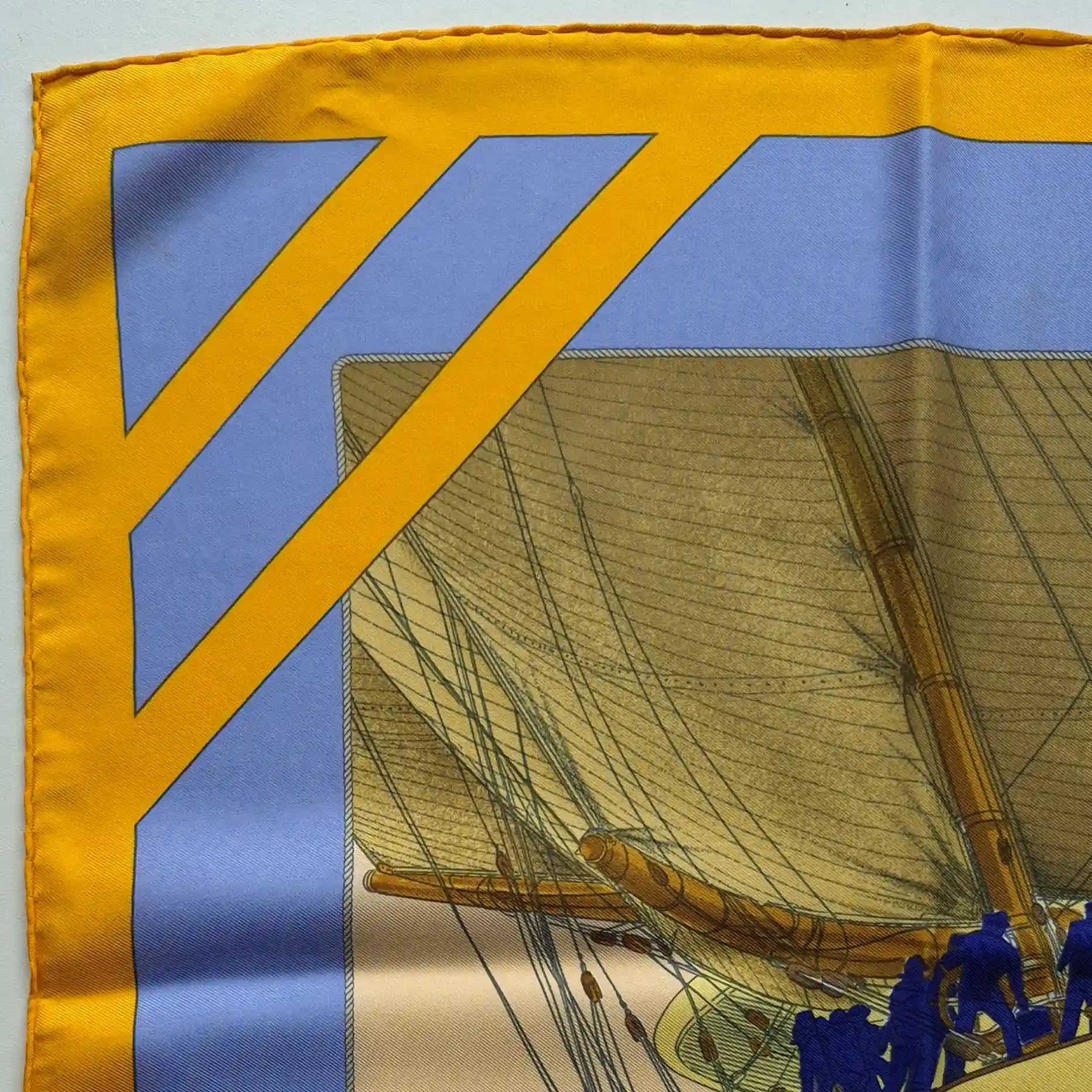 hermes rafales yannick manier silk scarf blue gold sailing ships nautical detail