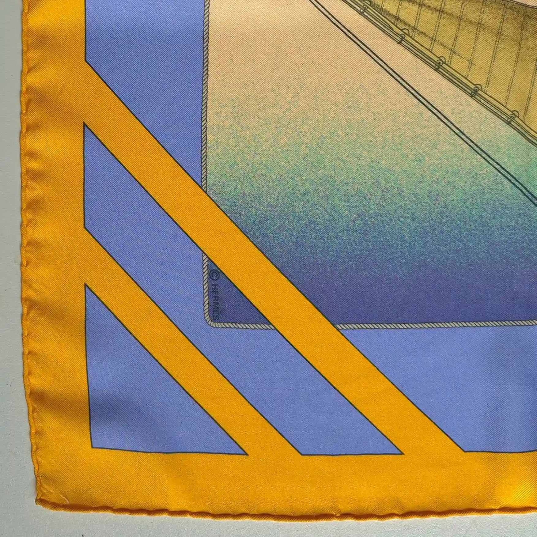 hermes rafales yannick manier silk scarf blue gold sailing ships nautical detail