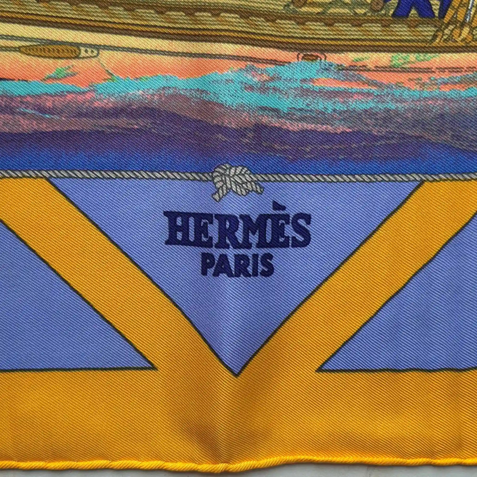 hermes rafales yannick manier silk scarf blue gold sailing ships nautical detail