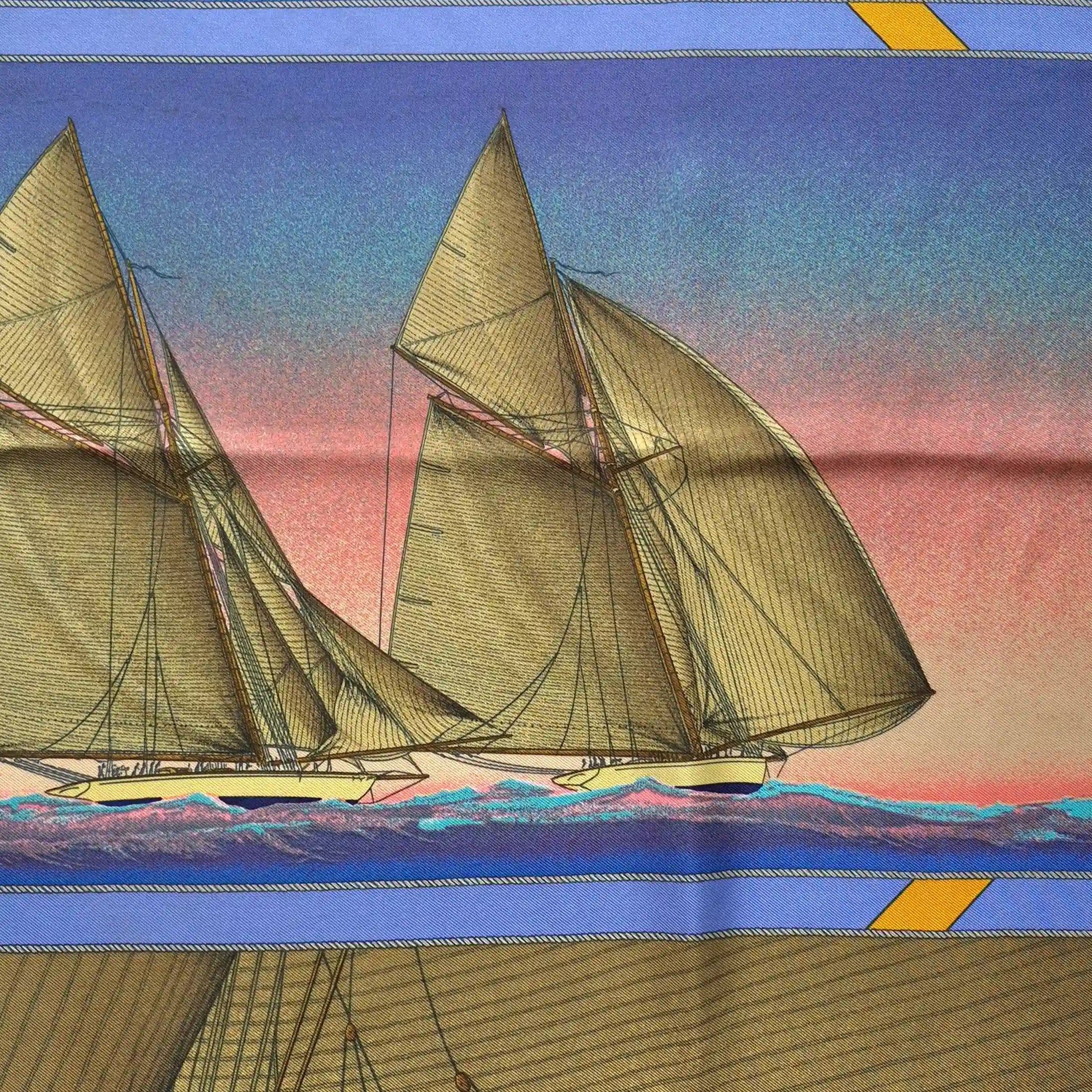hermes rafales yannick manier silk scarf blue gold sailing ships nautical detail