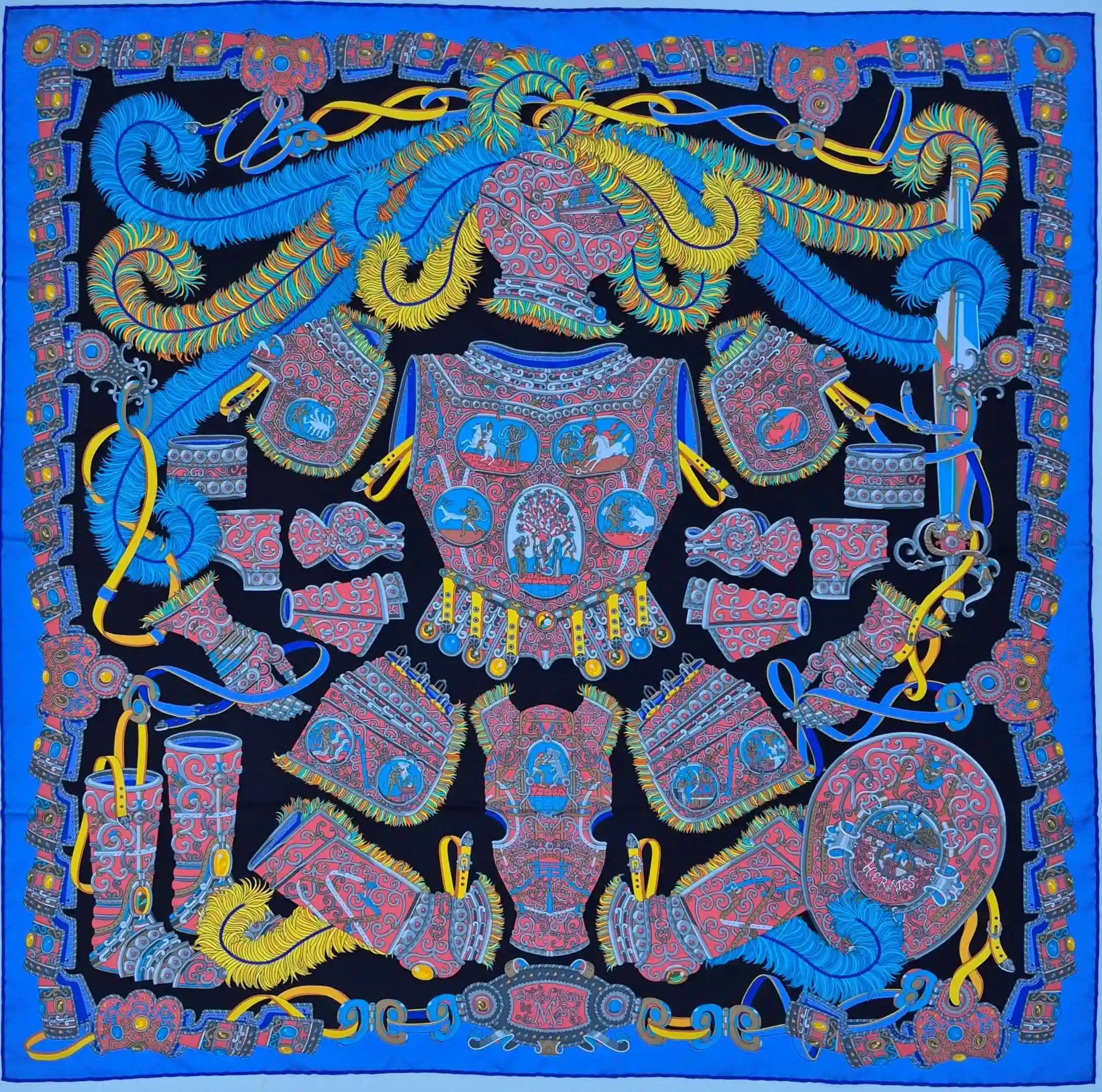 hermes sous l egide de mars pierre marie silk scarf blue black red antique armor