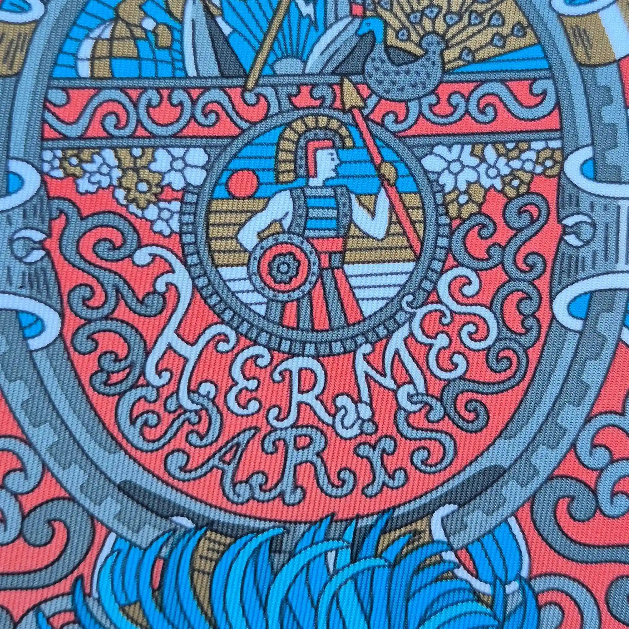 hermes sous l egide de mars pierre marie silk scarf blue black red antique armor