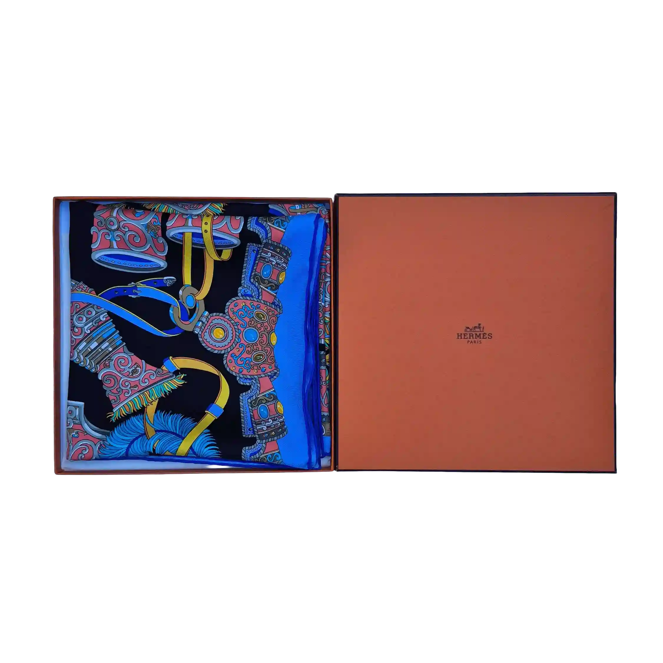 hermes sous l egide de mars pierre marie silk scarf blue black red antique armor