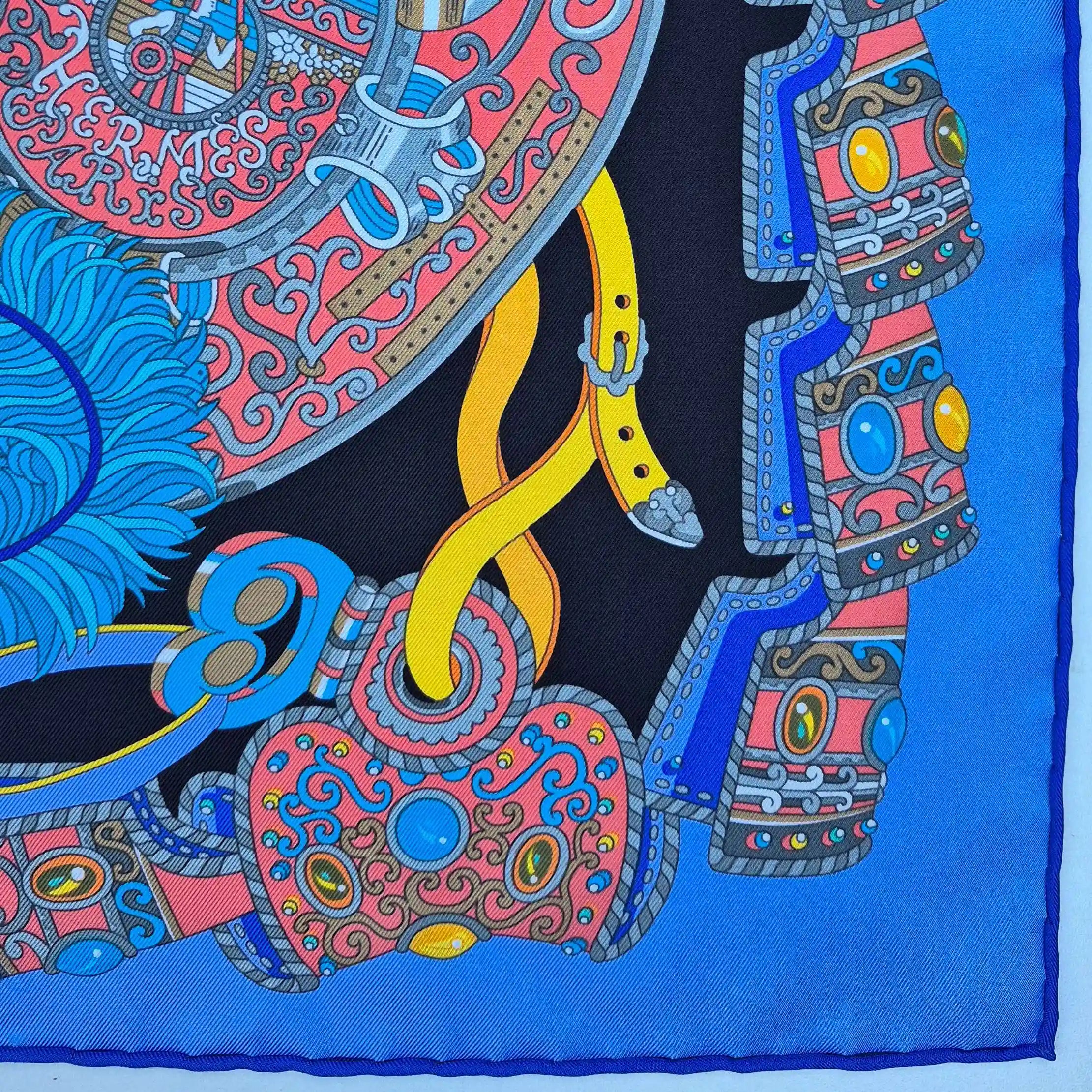 hermes sous l egide de mars pierre marie silk scarf blue black red antique armor