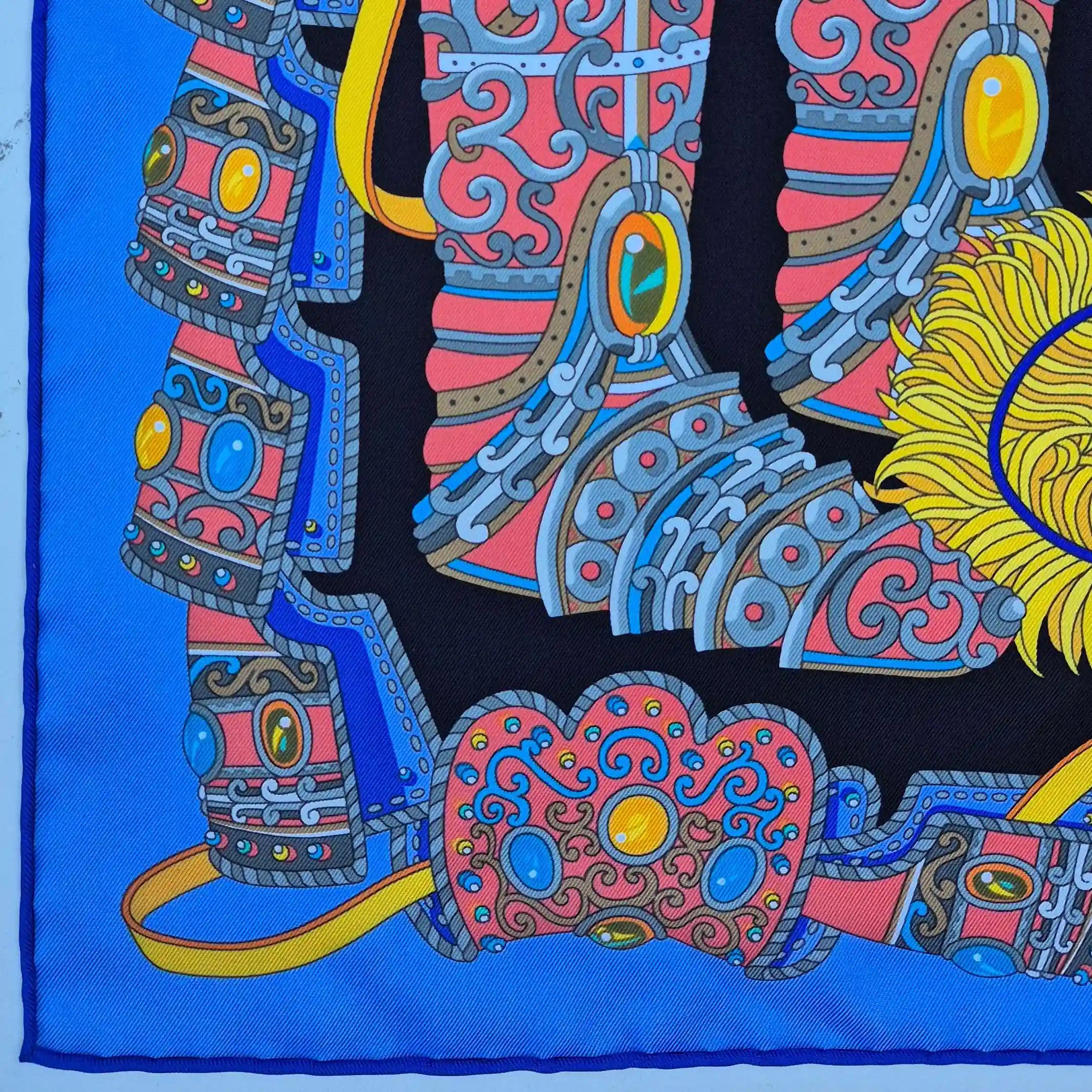 hermes sous l egide de mars pierre marie silk scarf blue black red antique armor