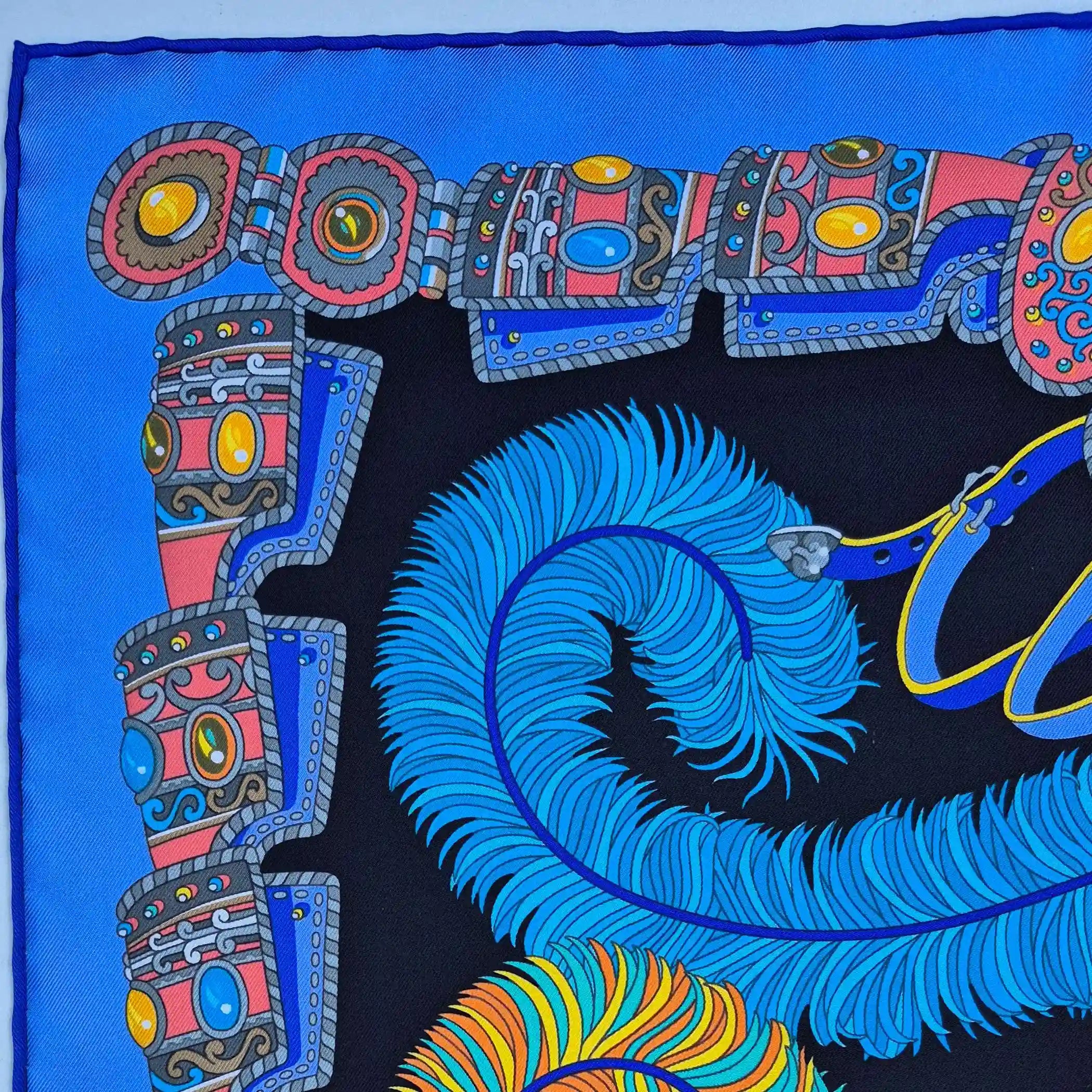 hermes sous l egide de mars pierre marie silk scarf blue black red antique armor