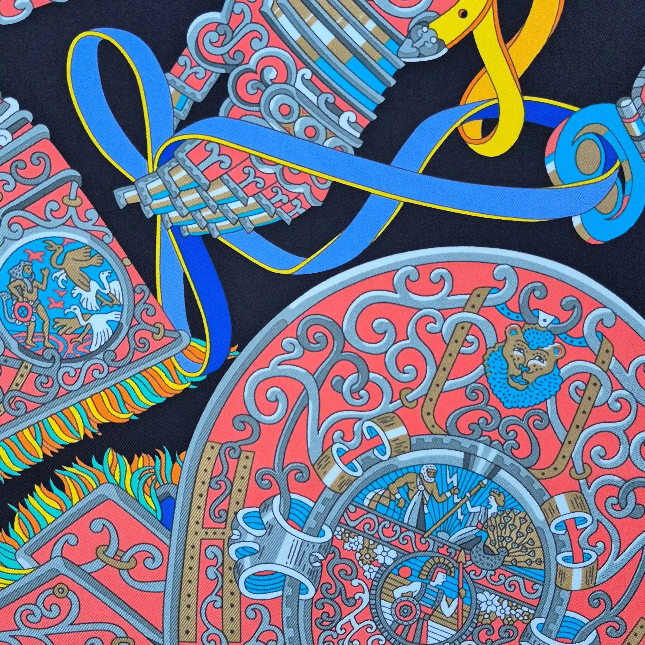 hermes sous l egide de mars pierre marie silk scarf blue black red antique armor