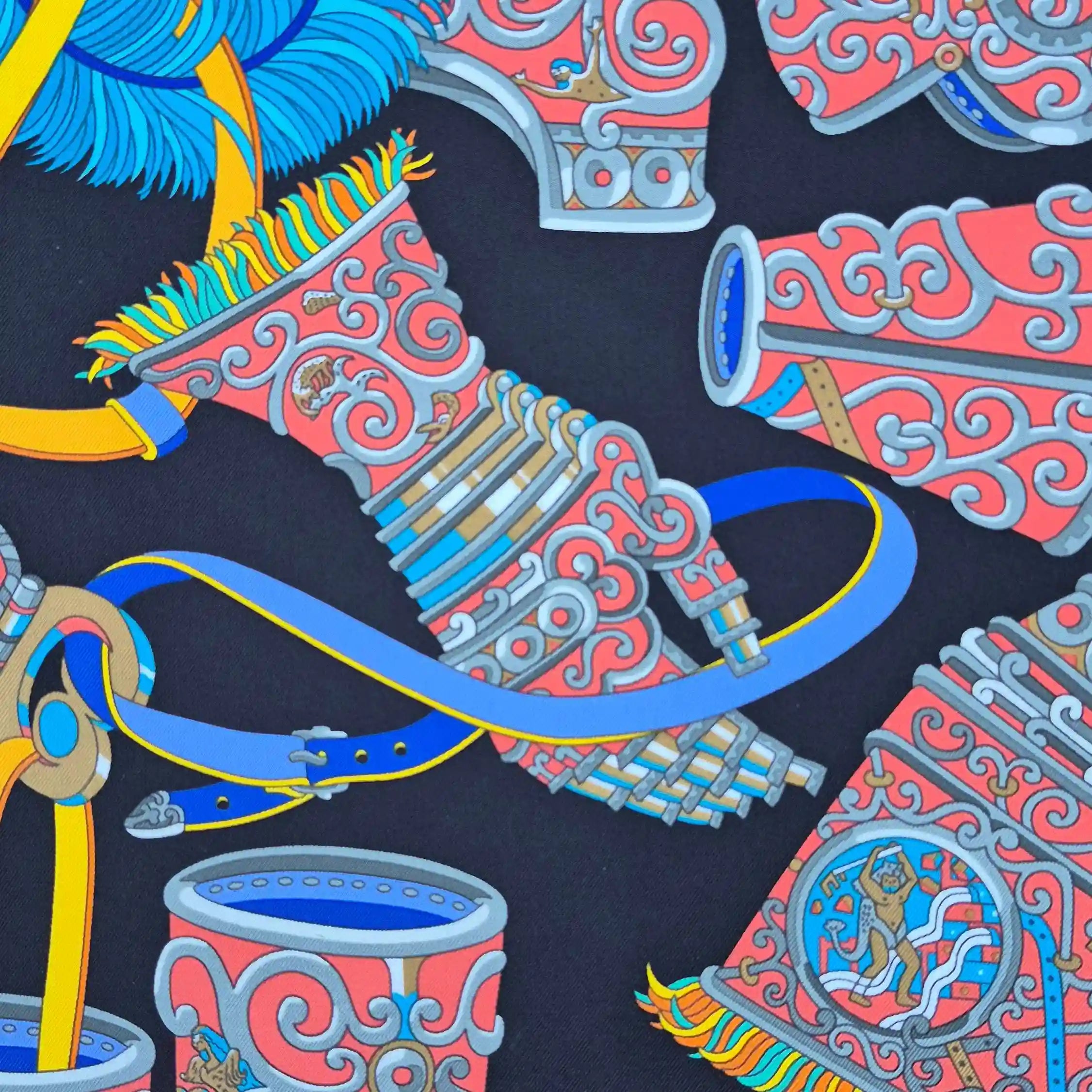 hermes sous l egide de mars pierre marie silk scarf blue black red antique armor