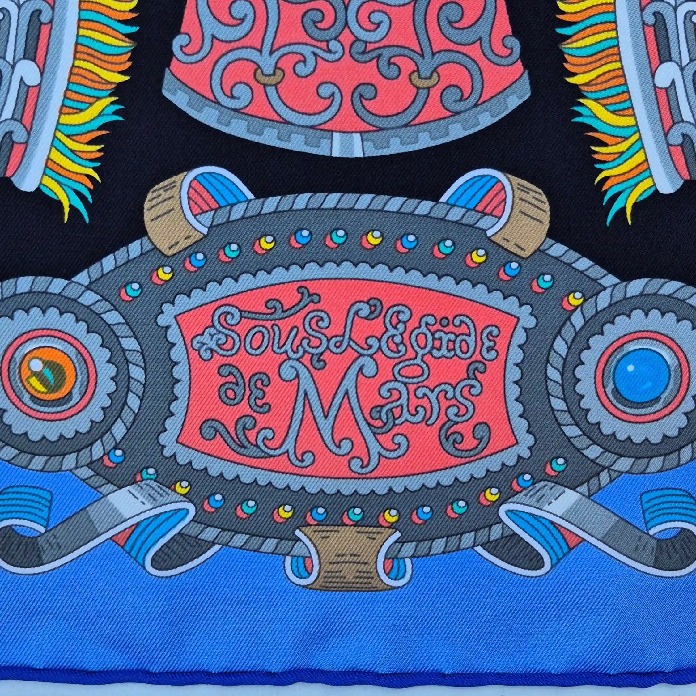 hermes sous l egide de mars pierre marie silk scarf blue black red antique armor
