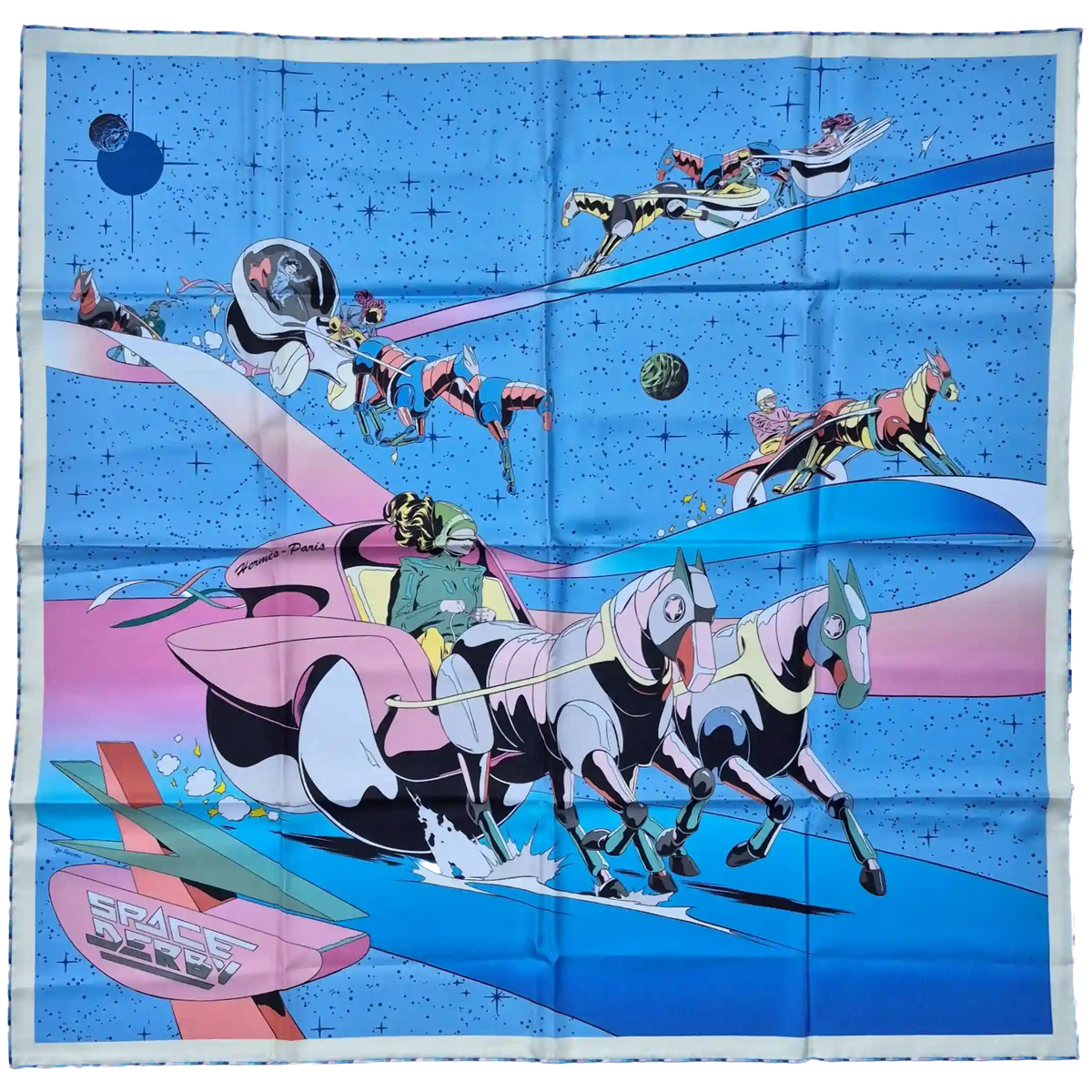 hermes space derby ugo bienvenu silk scarf blue multicolor space race horses futuristic