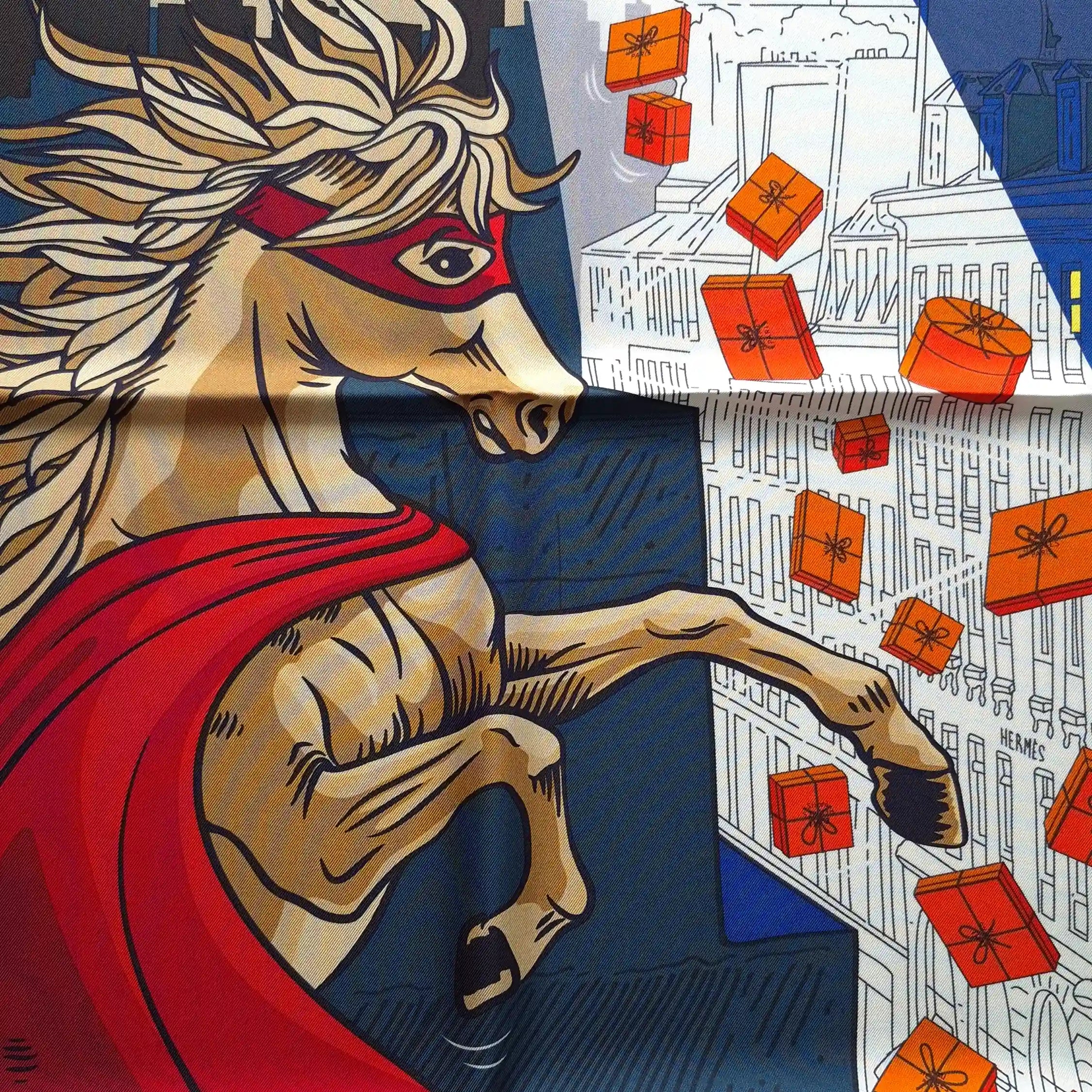 hermes space shopping au faubourg silk scarf blue red pop art ufo horse superhero detail