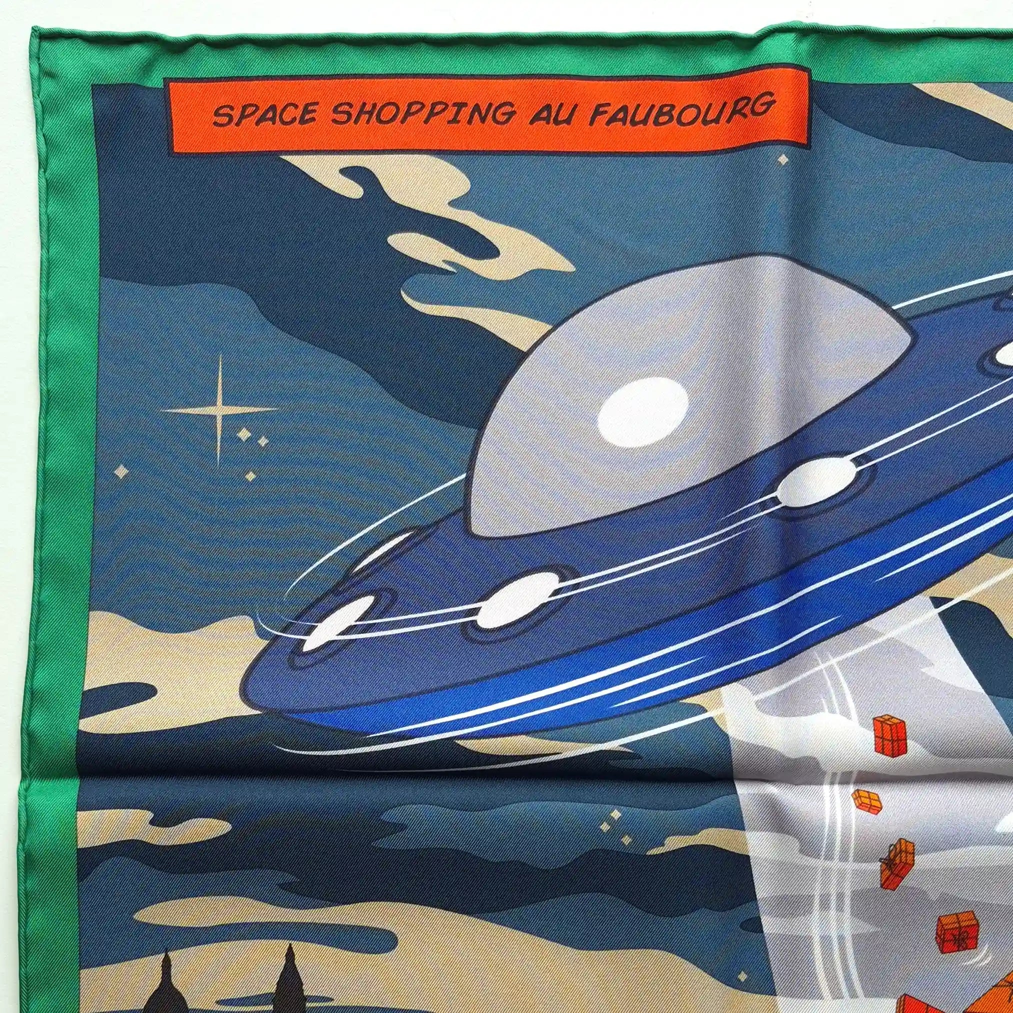 hermes space shopping au faubourg silk scarf blue red pop art ufo horse superhero detail