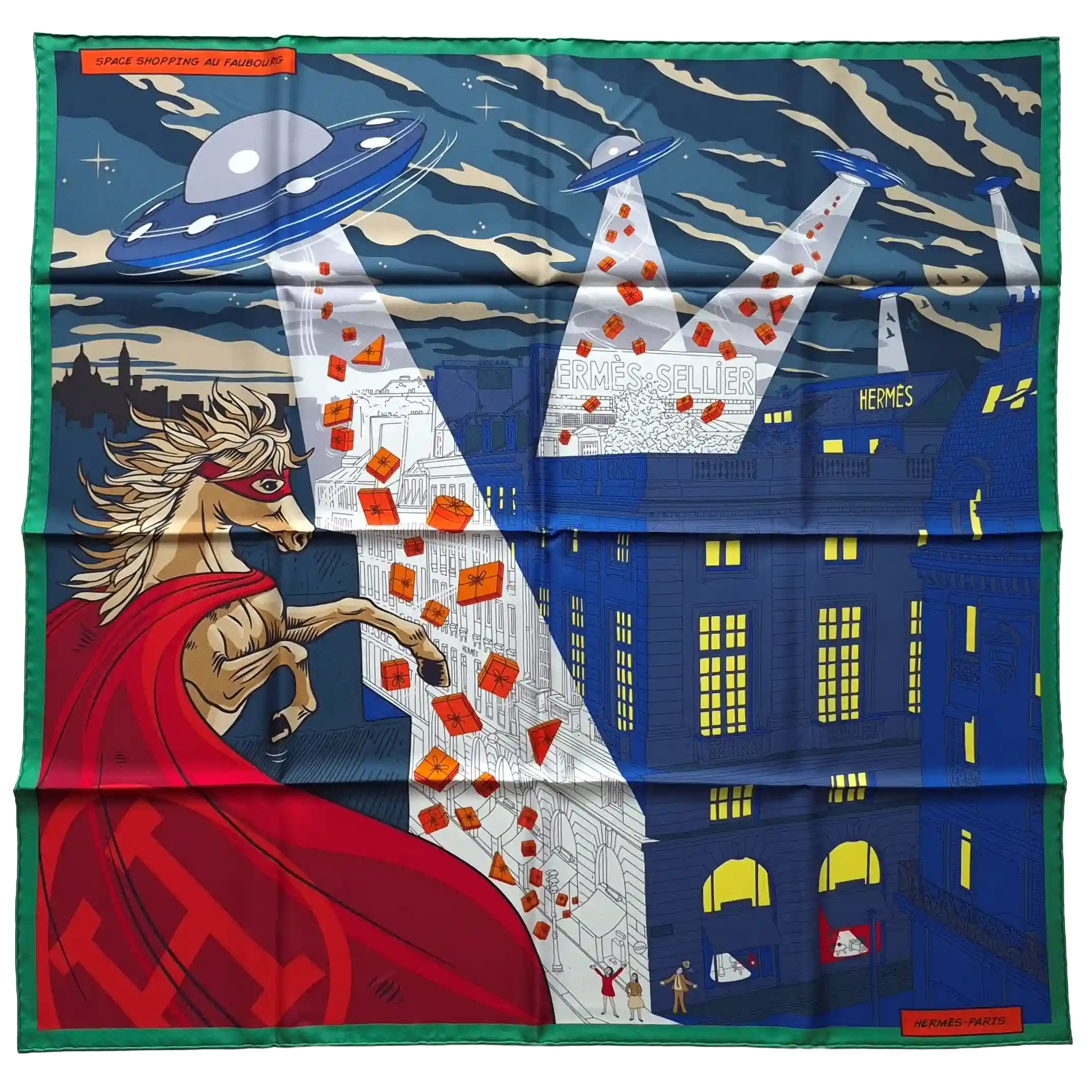 hermes space shopping au faubourg silk scarf blue red pop art ufo horse superhero