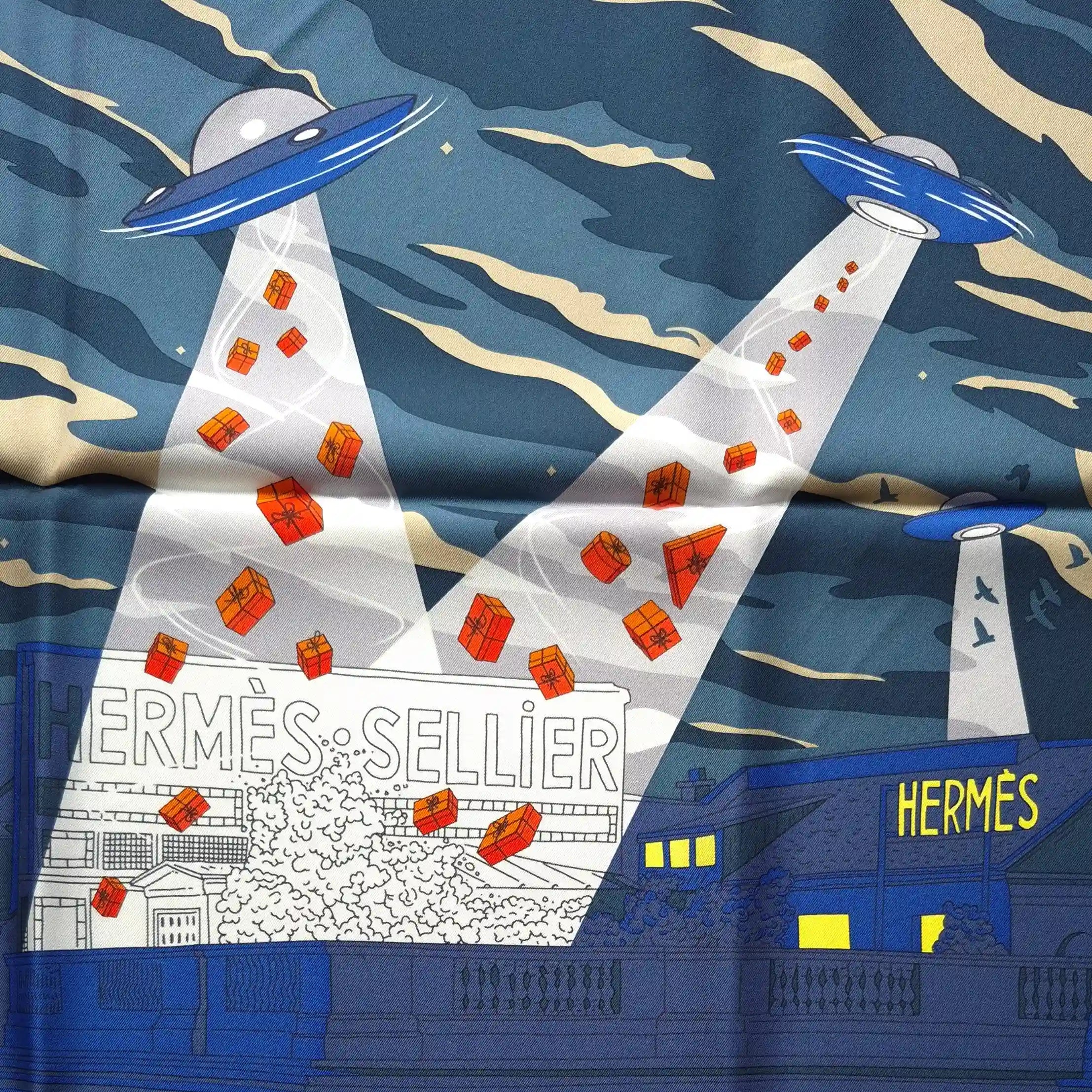 hermes space shopping au faubourg silk scarf blue red pop art ufo horse superhero detail