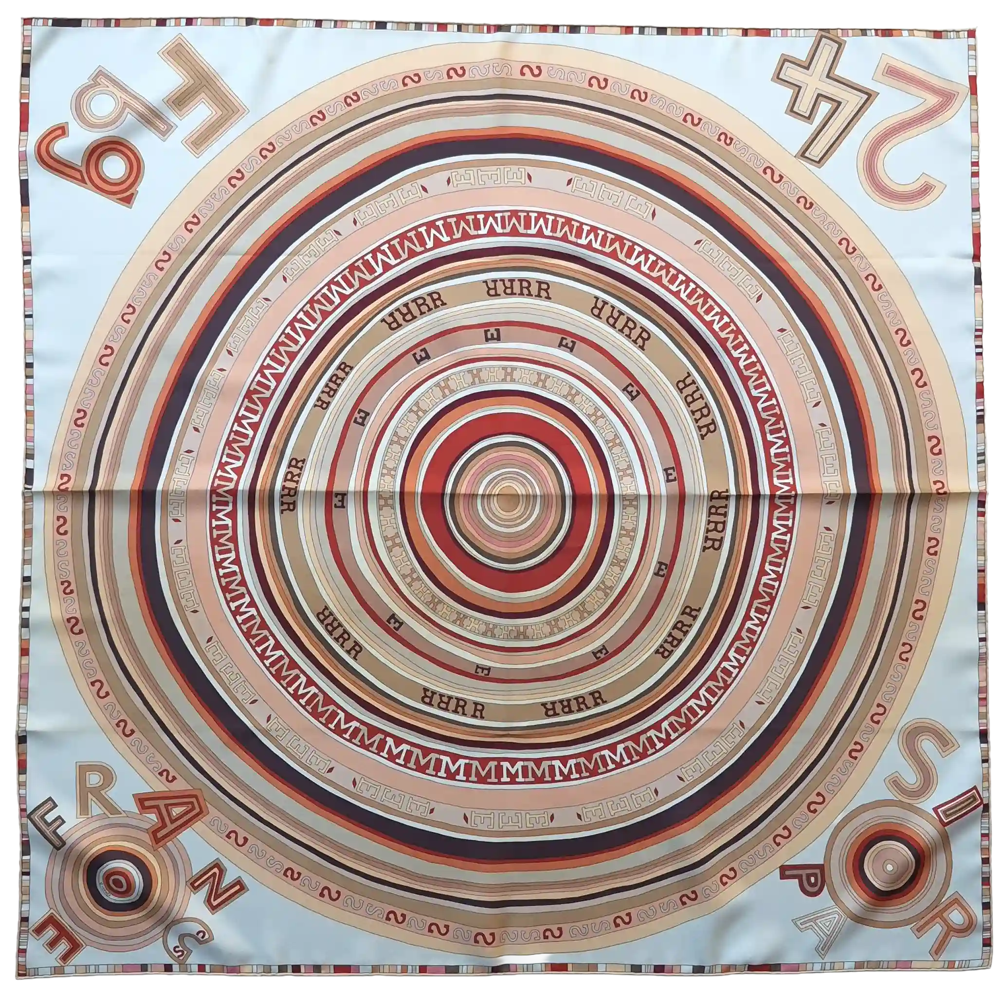 hermes tohu bohu claudia stuhlhofer mayr silk scarf beige red concentric typography