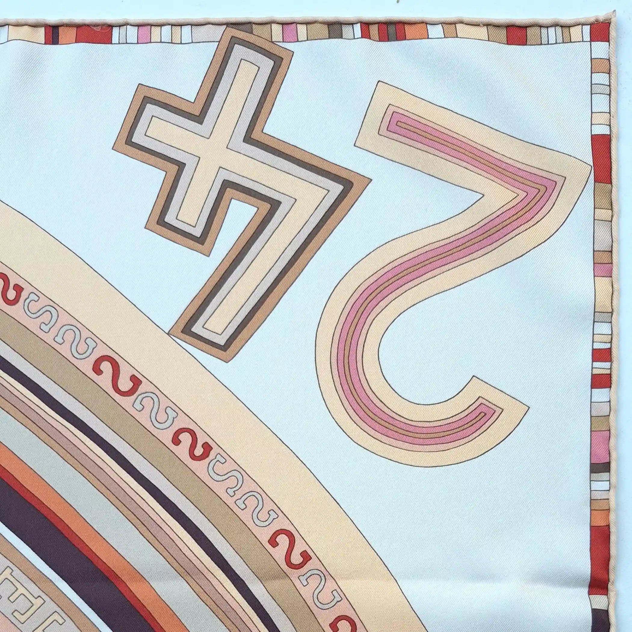 hermes tohu bohu claudia stuhlhofer mayr silk scarf beige red concentric typography detail